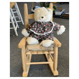 NICE HANDMADE CHILD'S ROCKER WITH CUSHION 29 1/2' TALL X 17 3/4' WIDE X 21 1/2' DEEP & 1988 CHRISA STUFFED TEDDY BEAR 20' TALL