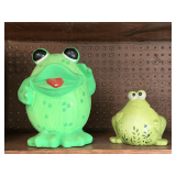 2 CERAMIC GREEN FROGS - 11' TALL X 8' WIDE, 6' TALL X 6 1/2' WIDE