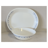 VINTAGE CORELLE WARE 'MORNING BLUE' OVAL PLATTER & ROUND SERVING BOWL