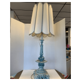 VERY TALL MID CENTURY MODERN ORNATE CERAMIC TURQUOISE TABLE LAMP WITH VERY UNIQUE SHADE 44' TALL
