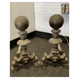 PAIR OF VINTAGE HEAVY METAL FRENCH LOUIS XIV STYLE BRONZE FIGURAL ANDIRONS WITH CANNONBALL TIP 17' TALL X 18' DEEP X 9 1/2' WIDE