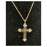 NEW BLACK SPINAL 18K YELLOW GOLD OVER STERLING SILVER CROSS PENDANT WITH CHAIN - CHAIN 19' LONG, CROSS 2' LONG (APPROX 7.43 GRAMS)