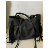 LARGE BLACK VINYL FRINGE TOTE BAG 17' WIDE X 11' TALL