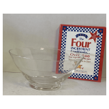 LARGE CLEAR GLASS SALAD BOWL 11' ROUND X 6' TALL & COOKBOOK