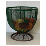 LARGE METAL APPLE THEMED PEDESTAL BASKET WITH ARTIFICIAL FRUIT 10' TALL X 10' ROUND