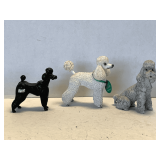 VINTAGE BLACK BESWICK PORCELAIN POODLE FIGURINE 5 1/2' LONG X 3 3/4' TALL, VINTAGE WHITE 'COUNTRY ARTISTS' HAND PAINTED 'POODLE' 4 3/4' TALL X 4 1/2' LONG & VINTAGE GREY HAND PAINTED PORCELAIN POODLE 