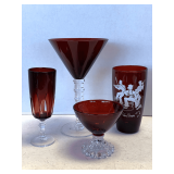 VINTAGE RUBY RED WITH CLEAR STEMS, EXTRA LARGE WINE GLASS PATTERN 'HEXIMER', VINTAGE RUBY RED & CLEAR PARFAIT/CHAMPAGNE GLASS BY CRISTAL D'ARQUES DURAND 'GOTHIC', RUBY RED VINTAGE BOOPIE SHERBET DISH 