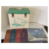 VINTAGE LP RECORD CARRIER BOX WITH 5 VINTAGE CHRISTMAS LPS & 2 COVERS
