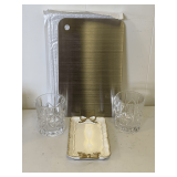 SILVER TARNISH CLEANING TRAY 12' X 7 3/4', SMALL HAND PAINTED VANITY TRAY 7 1/2' X 4 1/2', 2 PRESSED GLASS WHISKEY GLASSES