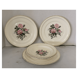 HARTVER POTTERY CO 22K GOLD TRIM 'WILD ROSE BOUQUET' - 3 DINNER PLATES & 2 SOUP BOWLS