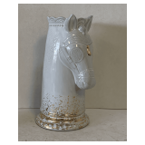 WHITE CERAMIC 'KNIGHT' FLOWER VASE WITH GOLD TRIM 9' TALL X 4 1/2' WIDE