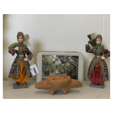 PAIR OF VINTAGE SOUVENIR DOLLS 'TURKEY' 8 1/2' TALL, VINTAGE HANDMADE TERRACOTTA CARVED TURTLE 6 1/2' LONG X 2' TALL, FLUTE FROM MEXICO & SAVANNAH TIN