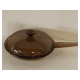 VINTAGE CORNING VISION WARE AMBER GLASS 10 1/2' SKILLET WITH LID