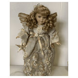 PORCELAIN/BISQUE ANGEL DOLL WITH REAL FEATHER WINGS & ELEGANT DRESS W/ STAND 16' TALL X 10' WIDE
