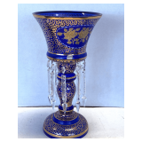 VINTAGE COBALT BOHEMIAN GLASS MANTLE LUSTRE WITH HEAVY GOLD GILDING & GOLD FLORAL OVERLAYS 14 1/4' TALL X 7 1/2' WIDE