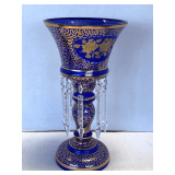 VINTAGE COBALT BOHEMIAN GLASS MANTLE LUSTRE WITH HEAVY GOLD GILDING & GOLD FLORAL OVERLAYS 14 1/4' TALL X 7 1/2' WIDE