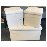 3 CLOTH PADDED COLORED STORAGE STOOLS - TWO 14 1/2' SQUARE X 15' TALL & ONE 29 1/2' SQUARE X 15 1/4 (WATER STAINS ON SIDE)