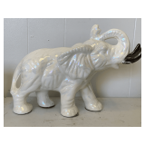 LARGE WHITE IRIDESCENT ELEPHANT WITH PAINTED GOLD TUSKS 13' LONG X 8 1/2' TALL