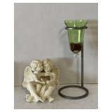 1996 SITTING CHERUB MUSIC BOX BY THE FRANCISCO MUSIC BOX CO (WORKS) 7 1/4' TALL X 6' WIDE & METAL STAND WITH AVOCADO GREEN CANDLE HOLDER 11' TALL