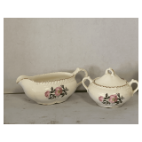 HARTVER POTTERY CO 22K GOLD TRIM 'WILD ROSE BOUQUET' - COVERED SUGAR & GRAVY BOAT
