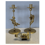 PAIR OF BRASS CHERUB CANDLESTICKS 10' TALL & VINTAGE SHIP IN A BOTTLE FROM MYRTLE BEACH 4 1/2' LONG