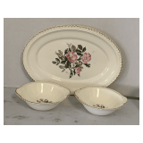 HARTVER POTTERY CO 22K GOLD TRIM 'WILD ROSE BOUQUET' - OVAL PLATTER & 2 BOWLS