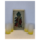 4 VINTAGE YELLOW FROSTED WEST VIRGINIA GLASSES 4' TALL & SMALL HAND PAINTED WOODEN TRAY 10' LONG X 4 3/4' WIDE