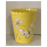 VINTAGE YELLOW HEAVY PLASTIC BUTTERFLY PATTERN SCALLOPED TRASH CAN 9' ROUND 11 1/2' TALL