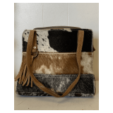 MYRA BAG - COWHIDE & LEATHER COW PATTERN TOTE BAG 9 3/4' WIDE X 9' TALL
