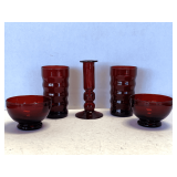 VINTAGE RUBY RED GLASS - 2 RUBY RED ANCHOR HOCKING 'WHIRLY TWIRLY' TUMBLERS, 2 RUBY RED ANCHOR HOCKING FOOTED SHERBETS 'BALTIC' & MORE