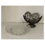 VINTAGE INDIANA CLEAR GLASS HOBNAIL DEVILED EGG PLATTER 11' ROUND & VINTAGE WROUGHT IRON SCROLL PEDESTAL FRUIT BOWL 9' ROUND X 6 1/2' TALL