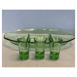 VINTAGE FAIRFAX GREEN RELISH DISH BY FOSTORIA 11 1/2' LONG X 5 1/2' WIDE & 3 VINTAGE GREEN DEPRESSION GLASS SHOT GLASSES