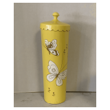 VINTAGE YELLOW HEAVY PLASTIC BUTTERFLY PATTERN SCALLOPED LID TOILET BRUSH CONTAINER 6 1/2' ROUND 20' TALL
