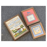 2 FRAMED CROSS STITCHED 9 1/4' X 11 1/4, 11 1/2' X 14 1/2', 1 QUILT HEART FRAMED 8 3/4' SQUARE