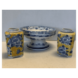 BLUE & WHITE CERAMIC FRUIT BOWL WITH BUTTERFLY DESIGN 4 3/4' TALL X 8' ROUND & VINTAGE PAIR OF YELLOW & BLUE CERAMIC VASES 5 1/2' TALL
