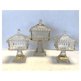 VINTAGE JEANNETTE GLASS WEDDING CAKE COMPOTE IDEAL CANDY DISH 8' TALL X 5' SQUARE & 2 VINTAGE WESTMORELAND GLASS WEDDING CAKE COMPOTE WITH GOLD ACCENTS 6 1/2' TALL X 4' SQUARE