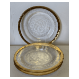 4 VINTAGE ANNIEGLASS 'ROMAN' WIDE GOLD RIMMED SALAD PLATES 8 1/4' ROUND