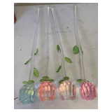 4 LONG STEM CUT GLASS ROSE BUDS 14' LONG (2 PINK, 1 PURPLE, 1 BLUE)