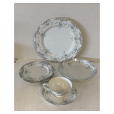VINTAGE MIKASA FINE CHINA 'BEVILLE' (WHITE WITH PATTERNS OF BLUE ROSES W/ GOLD TRIM) - 6 PLACE SETTING