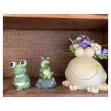 3 CERAMIC GREEN FROGS - 1 GARDEN FIGURINE 5 1/4' TALL X 4' WIDE, 1 PLANTER 8 1/2' TALL X 9 1/4' WIDE, 1 BANK 5 1/2' TALL X 3 1/2' WIDE