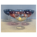 6 BLOWN ART DECO GLASS MULTICOLOR SAUCER CHAMPAGNE GLASSES (BELIEVED TO BE FOSTORIA) 4 3/4' TALL