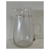 VINTAGE CLEAR GLASS WATER PITCHER WITH GOLD TRIM 10 1/2' TALL