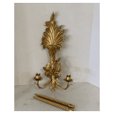 VINTAGE ITALIAN GOLD LEAF GILDED CARVED WALL SCONCES WITH CANDLES 23 1/4' TALL X 11' WIDE