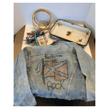 SHELF LOT TO INCLUDE BLACK & WHITE ENAMEL PAN 14' X 8 1/2' X 2', EMBROIDERY THREAD & GAUCHO'S BLUE JEAN JACKET SIZE SMALL