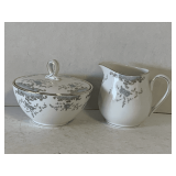 VINTAGE MIKASA FINE CHINA 'BEVILLE' (WHITE WITH PATTERNS OF BLUE ROSES W/ GOLD TRIM) - COVERED SUGAR & CREAMER