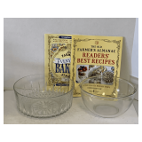 VINTAGE LARGE ARCOROC 'DIAMANT' PRESSED GLASS SERVING BOWL 9' ROUND X 4 1/4' TALL, VINTAGE HEAVY GLASS MIXING BOWL 8 1/4' ROUND X 4 3/4' TALL & 2 RECEIPT BOOKLETS