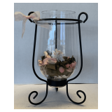 EXTRA LARGE GLASS HURRICANE ON BLACK METAL BASE 16 3/4' TALL X 9 1/2' WIDE