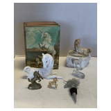 SHELF LOT OF UNICORNS TO INCLUDE VINTAGE ENESCO 5 3/4' TALL, UNICORN CARVED OF GEORGIA MARBLE, PORCELAIN UNICORN & MORE