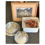 FRAMED GOLDEN RETRIEVER PUPPY PRINT 17 1/4' X 14 1/2', VINTAGE ENAMEL REFRIGERATOR DRAWER & MORE