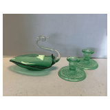 VINTAGE ART GLASS GREEN & CLEAR SWAN DISH 8' LONG X 4 3/4' WIDE & PAIR OF IMPERIAL URANIUM GLASS CANDLESTICKS 'DIAMOND QUILTED PATTERN' 2 3/4' TALL, BASE 4 1/4' ROUND